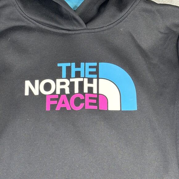 The North Face Hoodie Womens Small Black Blue Logo Pullover Fleece Sweatshirt - Picture 3 of 8